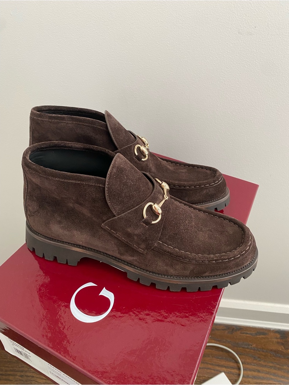 GUCCI $1320. Sylke horsebit-detailed suede ankle boots in Brown. Shoes. New